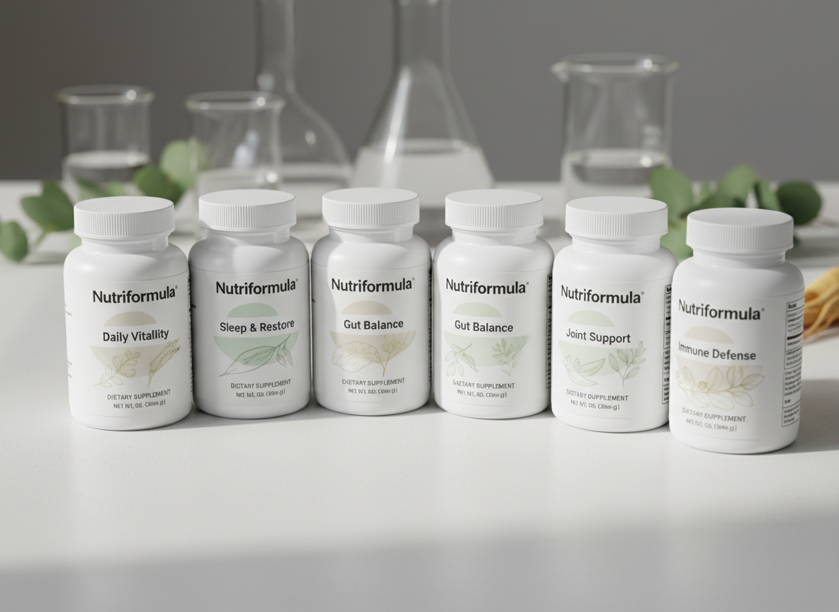 A lineup of premium Nutriformula health supplement bottles arranged in a gentle arc on a pristine white matte surface, each bottle featuring clean, minimalist labels with subtle botanical graphics and clear typography. In the background, softly blurred glass beakers and a few fresh green leaves hint at science and plant-based origins. Diffused daylight from the left creates soft, natural highlights on the bottles’ semi-gloss surfaces and barely-there shadows, enhancing a clinical yet inviting mood. Photographic realism, shot at eye level with a shallow depth of field, emphasizing clarity, transparency, and professionalism suitable for a modern health supplement brand homepage hero image.